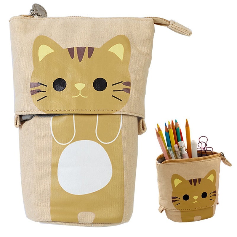 Ytuomzi Telescopic Pencil Pouch Standing Pen Holder Cute Pencil Bags Stand Up Pen Case Cartoon Pencil/Pens Storage Box Canvas+PU Stationery Organizer Makeup Bag with Zipper Closure (Khaki) - Image 1